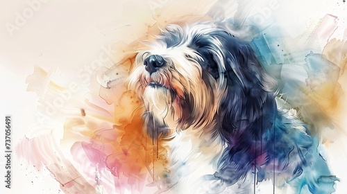 Whimsical Bearded Collie: Delicate Watercolor Portrait of a Playful Canine