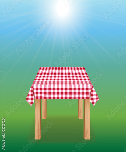 Empty picnic table with tablecloth outside, vector