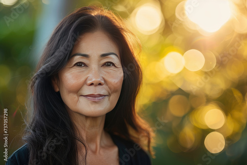 Headshot of beautiful mature Asian woman with blurred nature background in soft morning sunlight. Old age skin care concept