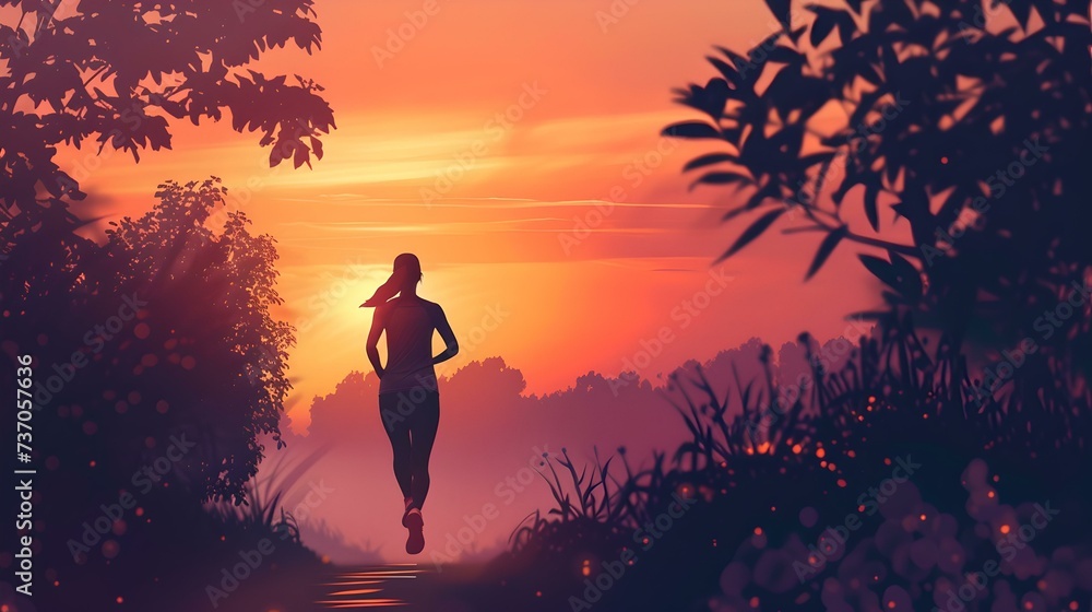 Solo runner embarks on a peaceful journey at dusk, silhouetted against a vivid sunset. embrace tranquility and solitude sensation. AI