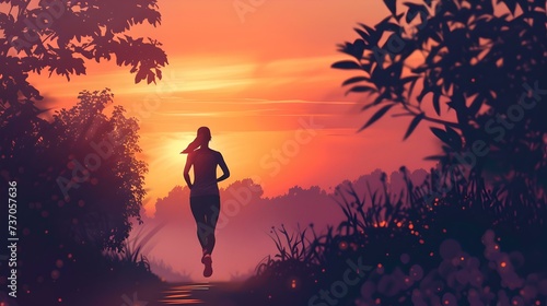 Solo runner embarks on a peaceful journey at dusk, silhouetted against a vivid sunset. embrace tranquility and solitude sensation. AI