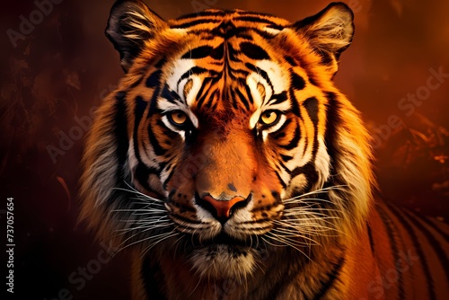 A majestic tiger, its piercing gaze locked onto the camera, against a vibrant orange background.