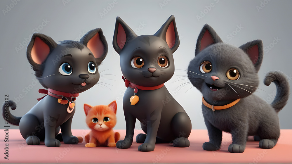 Obraz premium Cute black baby dog and cat playing 3d character. Cartoon dog and cat playing with big red eyes. 3d render illustration. Farm animals set 