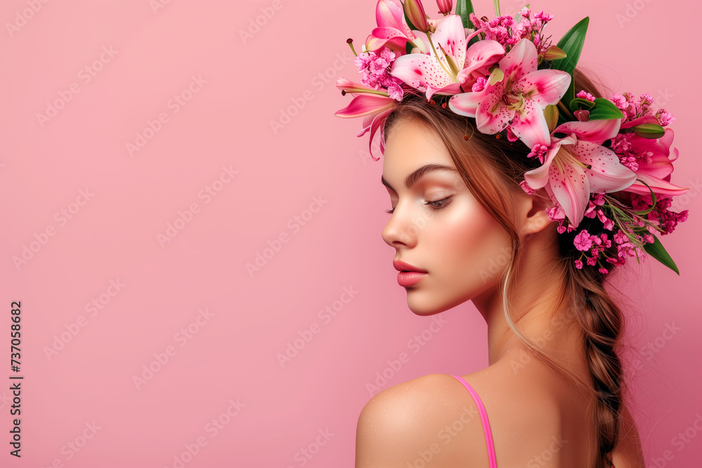 Beautiful girl with lily flowers on her head on pink background Beautiful girl with lily flowers on her head on pink background