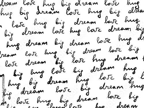 Hand-drawn pencil line crosshatch textures. Vector words - love, hug, big, dream. Vector illustration