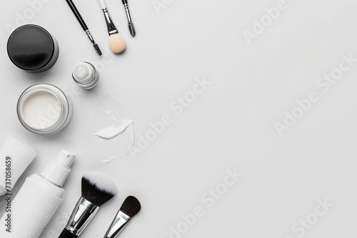 Beauty from Above: Flat Lay of Makeup and Skincare Products with Text Space