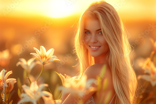 Beautiful girl with blond hair at sunset at golden hour full of lilies