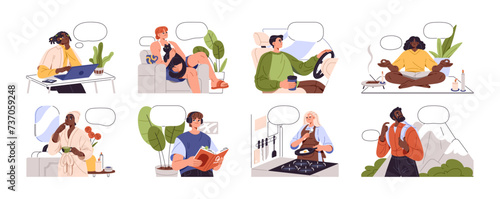 Thoughtful people with empty thought bubble set. Dreamy characters seeing cherished dream. Dreamers imagine, wish, hope, do meditation, have idea. Flat isolated vector illustration on white background