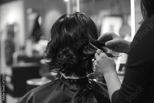 a woman getting her hair done in a beauty salon, in the style of light black and bronze