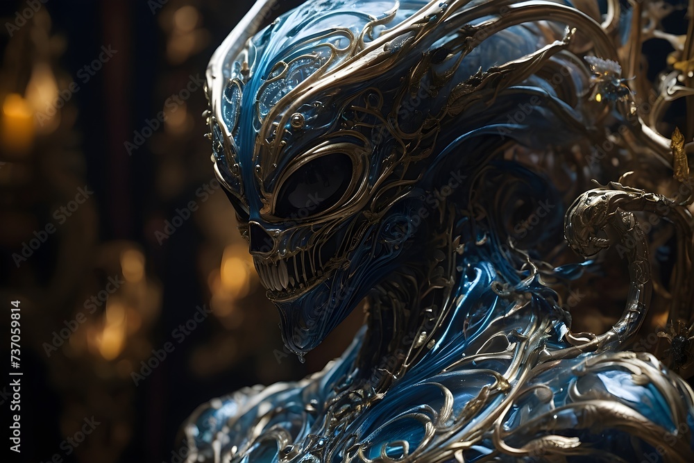 Extraterrestrial alien with dark wide eyes in blue and gold armor ...