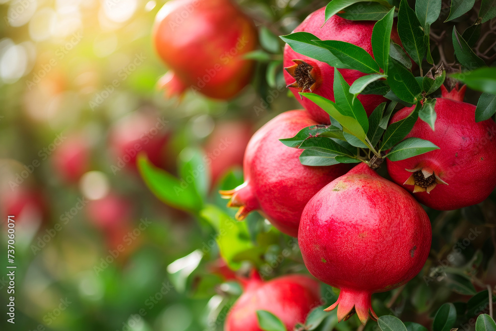 Pomegranate fruits with water droplets hanging on tree. Ripe red pomegranate fruits growing on a green branch. Ripe pomegranates on trees in the garden. soft selective focus, space for text