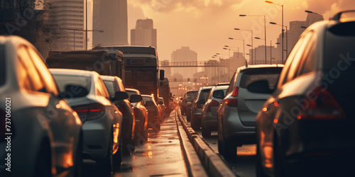 Car rush hours city street. Cars on highway in traffic jam