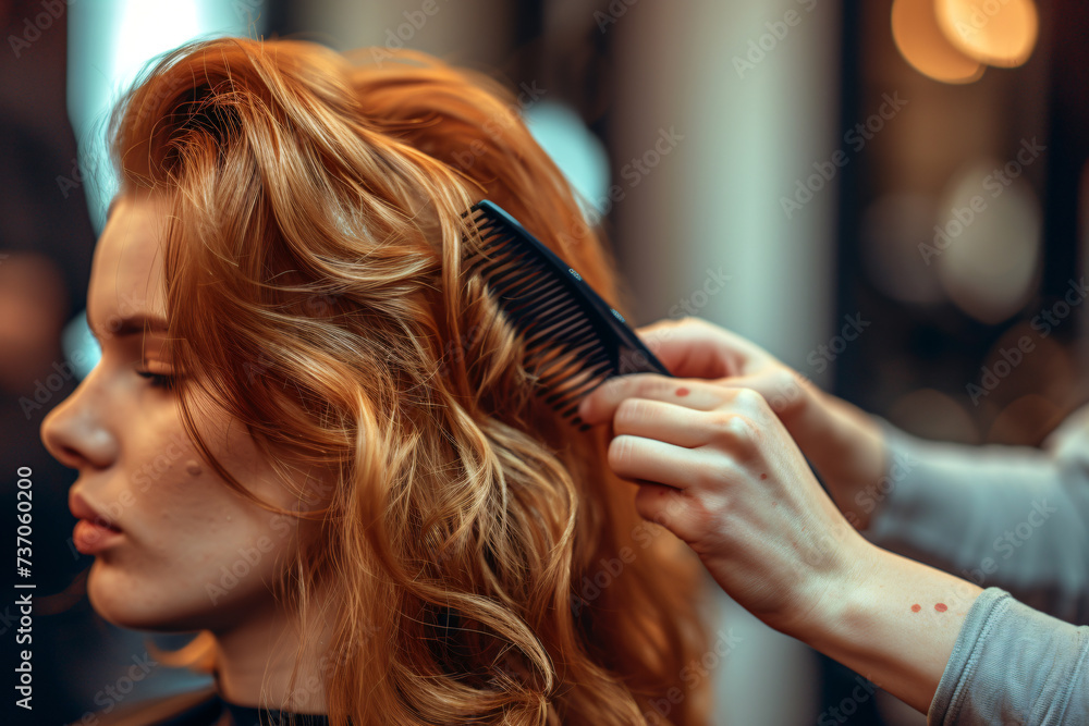 Fototapeta premium a woman getting her hair combed in a hairdresser salon