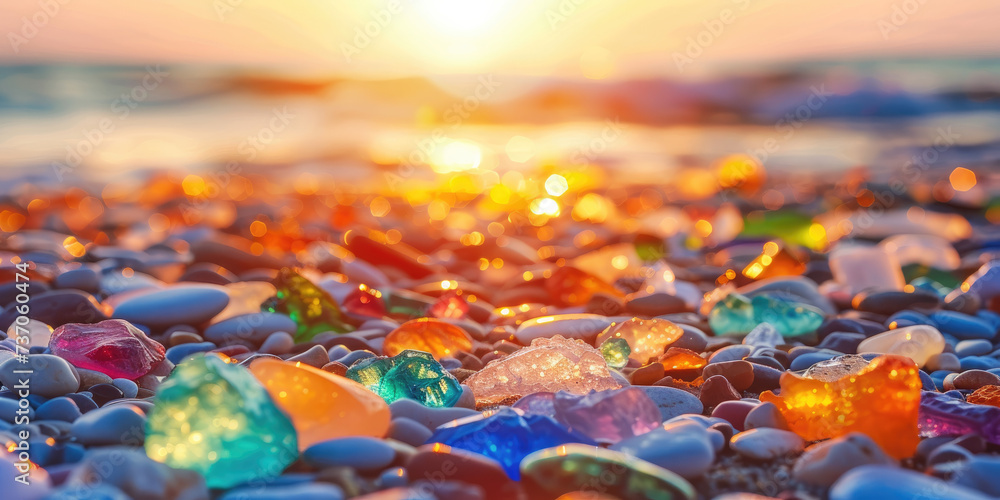 Colorful gemstones on a beach