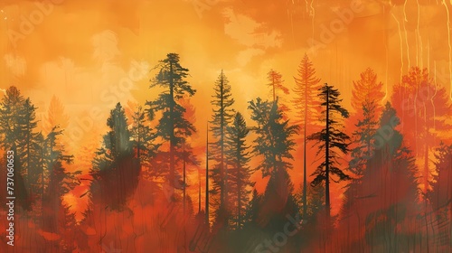 Serene sunset forest landscape painting, artistic nature background. warm colors, trees silhouettes. AI