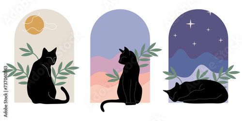 Set of three cats at day, evening, night boho style. Bohemian minimal abstract organic shapes, arch. Cat routine. vector illustration. Design for background, card, wall art
