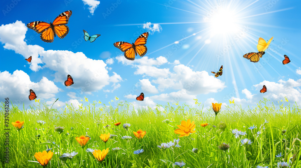 Orange butterflies fly over a summer meadow against a blue sky.
