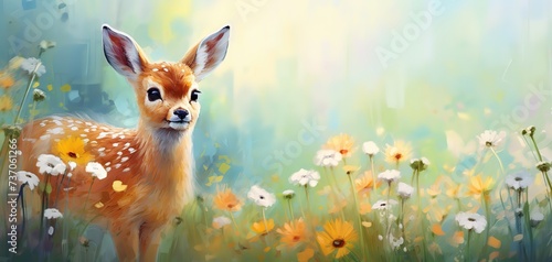 painting style illustration with grungy brush stroke texture, cute fawn walking in flower blossom wildflower meadow,  dreamlike atmosphere,  Generative Ai photo