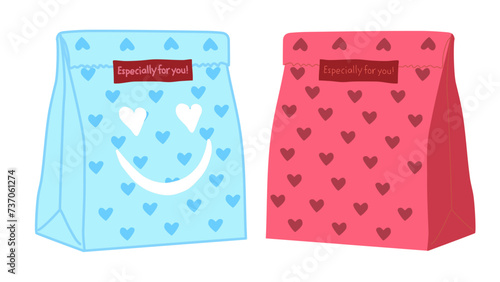 Pair of red gift paper bags with heart shape in baby blue and baby pink, one of the bag with a smiling face on it, and sealed with "Specially for you" label, vector