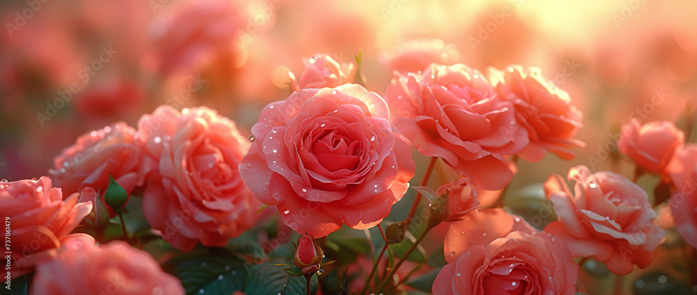 Background of pink and peach roses. Beautiful flowers background for wedding scene.Ai
