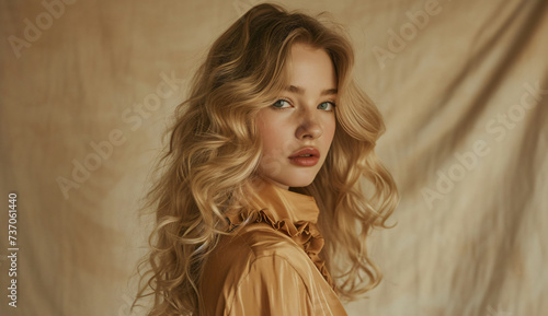 blond hair model posing front view portrait, in the style of wavy, dark beige, joyful