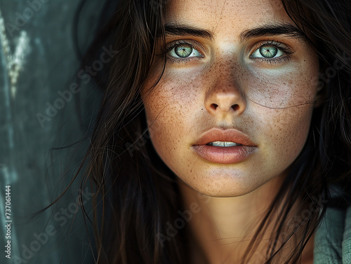 primissimo piano di viso di ragazza bellissima con occhi  verdi chiari e sguardo intenso, capelli lunghi marroni  photo