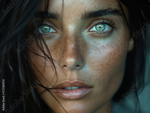 primissimo piano di viso di ragazza bellissima con occhi  verdi chiari e sguardo intenso, capelli lunghi marroni 