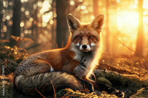 concentrated foxes with looking at camera amidst forest at sunset