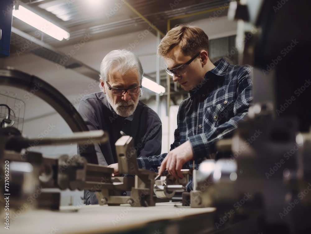 A mentor and apprentice working on a complex machinery part in a workshop A mentor and apprentice working on a complex machinery part in a workshop