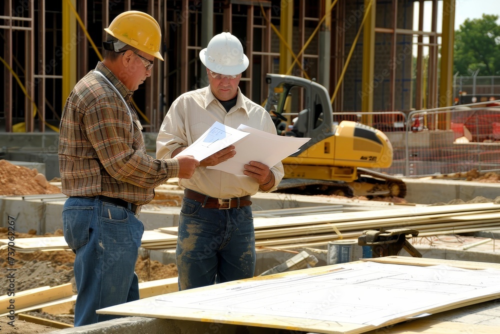 A project manager and foreman reviewing construction plans on a building site A project manager and foreman reviewing construction plans on a building site