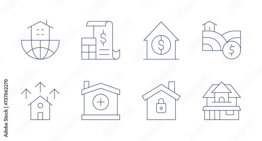 Property icons. Editable stroke. Containing realestate, home, growth, privateproperty, property, land, classichouse.