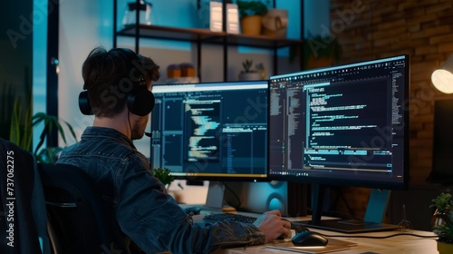 A software developer and UI designer collaborating over code and design on dual monitors