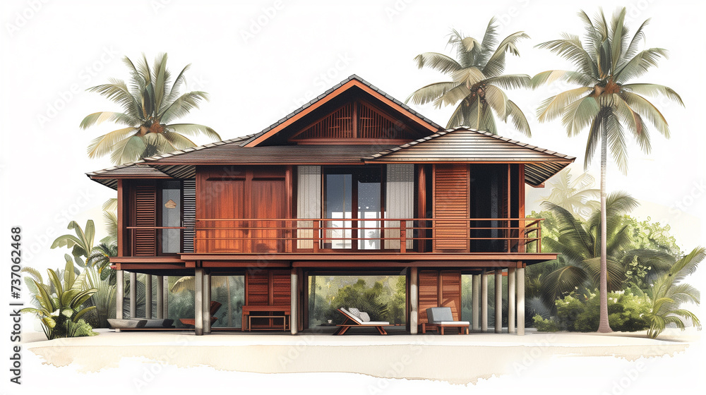 Illustration of Luxury wooden house, Kampung Malaysia,  palm tree, banana tree