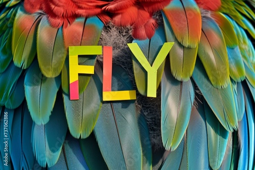 Vividly colored parrot feathers with bold 'FLY' lettering, capturing the essence of freedom and exotic beauty