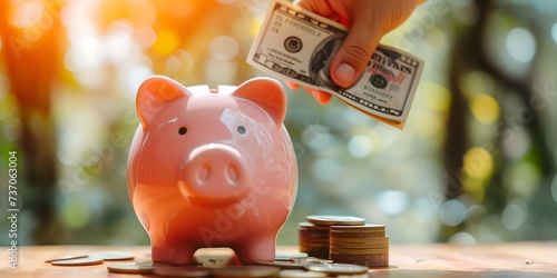Piggy bank with money and coins on bokeh background