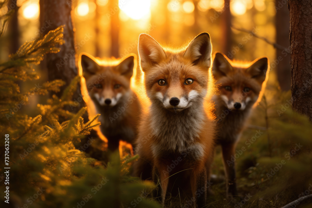 concentrated foxes with looking at camera amidst forest at sunset