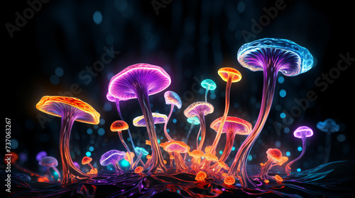 Glowing neon mushrooms