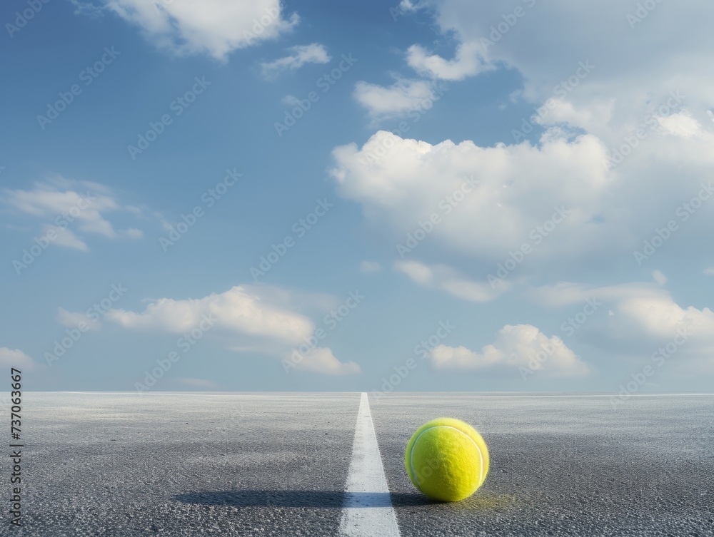 Tennis ball on vast road with open sky, metaphor for journey and aspiration in sports and life's pathways