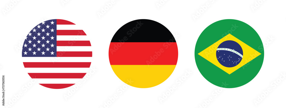 National flags of America, Germany and Brazil in circles National flags of America, Germany and Brazil in circles