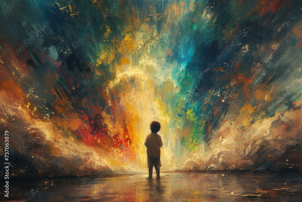 Young Child Facing Explosive Colorful Imagination in Abstract Art