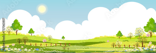 Spring Background,Vector blue sky and clouds over green fields landscape with mountain,Panoramic countryside rural nature in springtime with green grass land.illustration for spring and summer banner