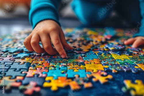 Child s Hand with Colorful Puzzle on Table
