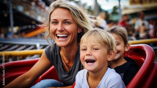 Thrilled mother and two kids immersed in joyous rollercoaster adventure at amusement park