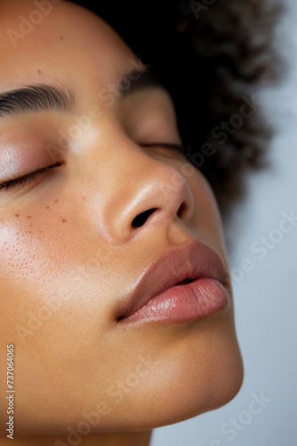 Close-up of a young woman with closed eyes, glowing in natural light, capturing serene beauty and calmness