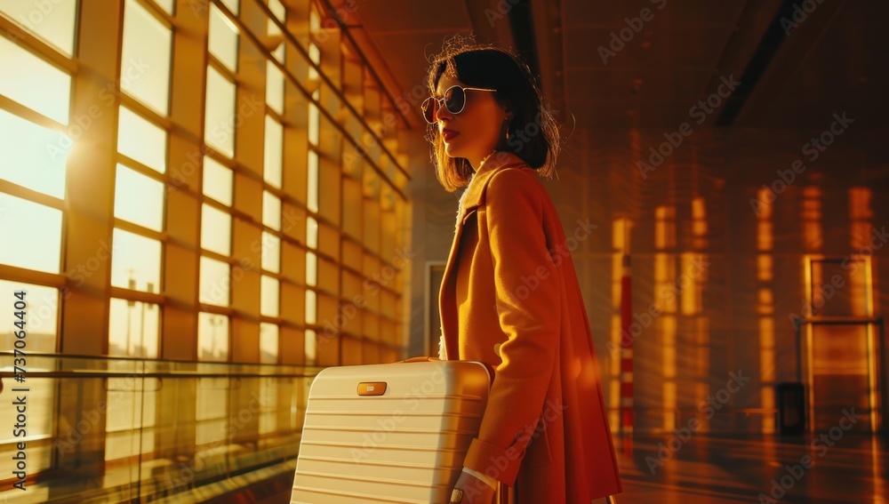 Bustling expanse of airport terminal young woman traveler stands poised for adventure journey symbolized by suitcase effortlessly wheels along embodies spirit of modern tourism Bustling expanse of airport terminal young woman traveler stands poised for adventure journey symbolized by suitcase effortlessly wheels along embodies spirit of modern tourism