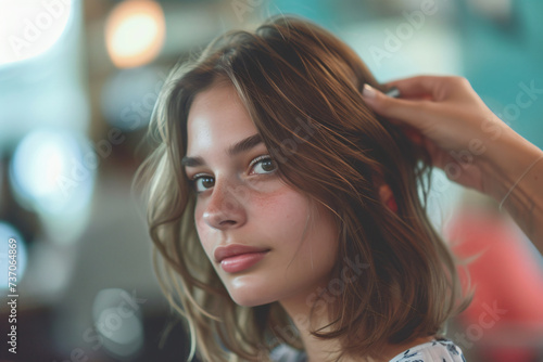 young woman getting her hair combed, in the style of cute and dreamy