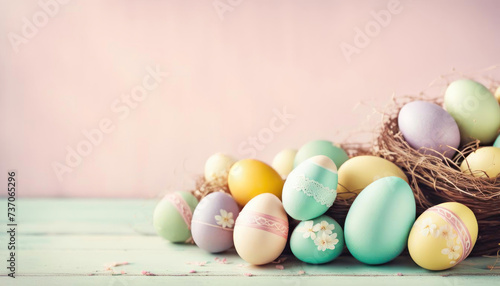 Colored easter eggs with pink background and copy space