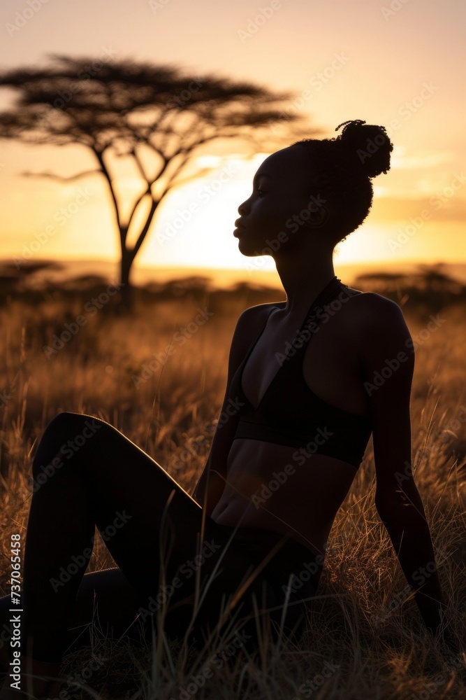 Contemplative African Woman in Silhouette at Sunset in Savanna Landscape, Embodying Serenity and Connection with Nature