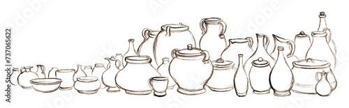 Pencil drawing. Many different vessels
