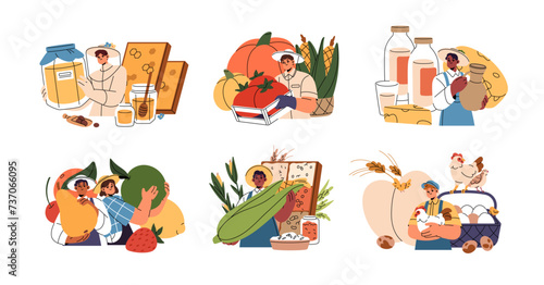 Farmers sell on local market concept set. Agriculture vendors sale fruit, vegetables, honey, cheese, eggs. Farm sellers of harvest, eco food. Flat isolated vector illustration on white background